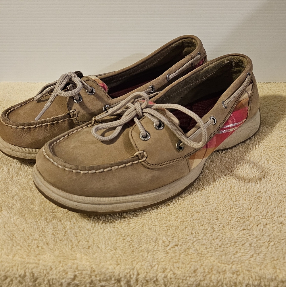 Tan and Pink Sperry Boat Shoes